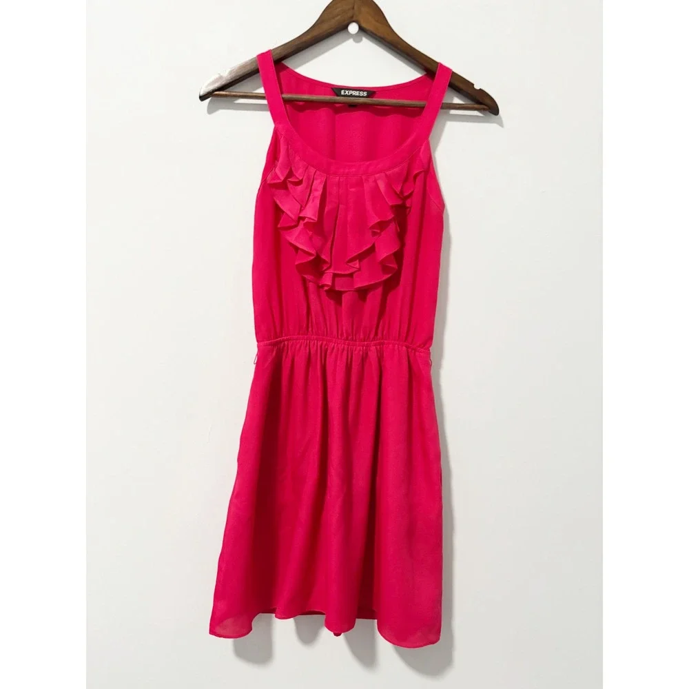 Express Ruffle Neck Dress Womens XS Pink Sleeveless Elastic Waist Pockets